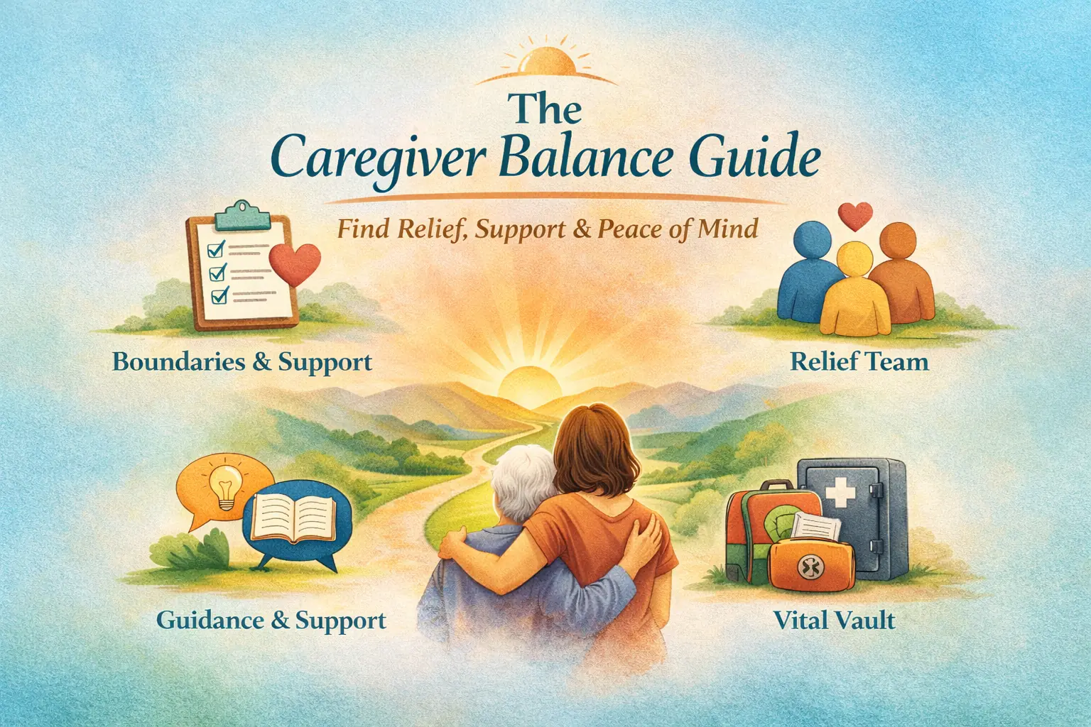 The Caregiver Balance Guide four pillars: Boundaries & Support, Relief Team, Guidance & Support, Vital Vault